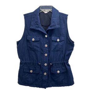Drapers & Damons Vest Large Navy Blue Utility Pockets Cinch Waist Gold Buttons
